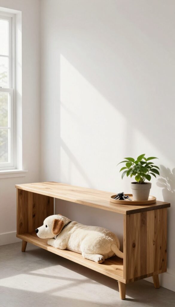 Repurposed console table with dog bed insert in a bright entryway