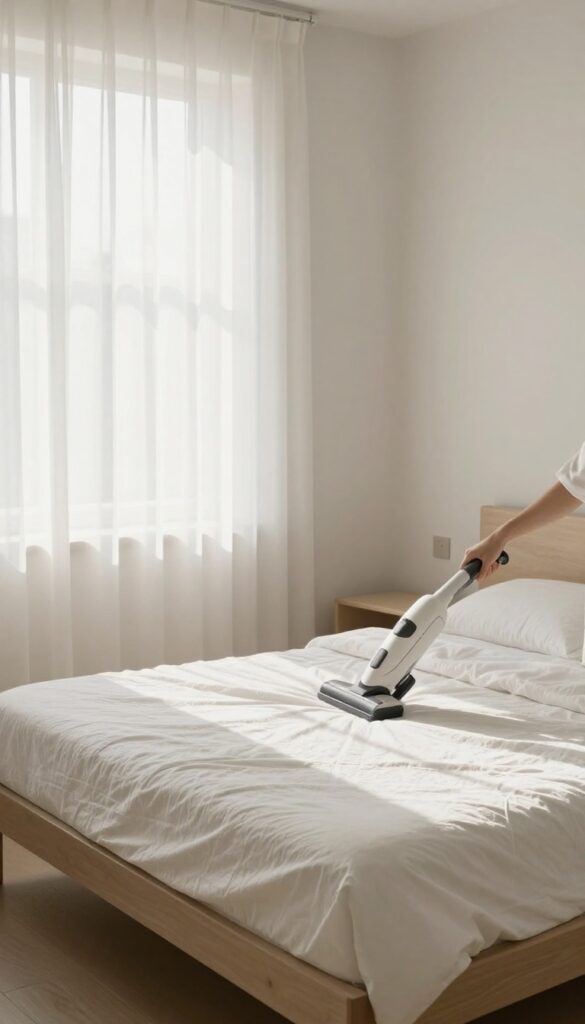 Person vacuuming a mattress with upholstery attachment in a sunlit bedroom