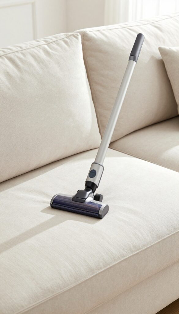 Sofa with cushions removed, vacuum with crevice tool ready to clean base and crevices