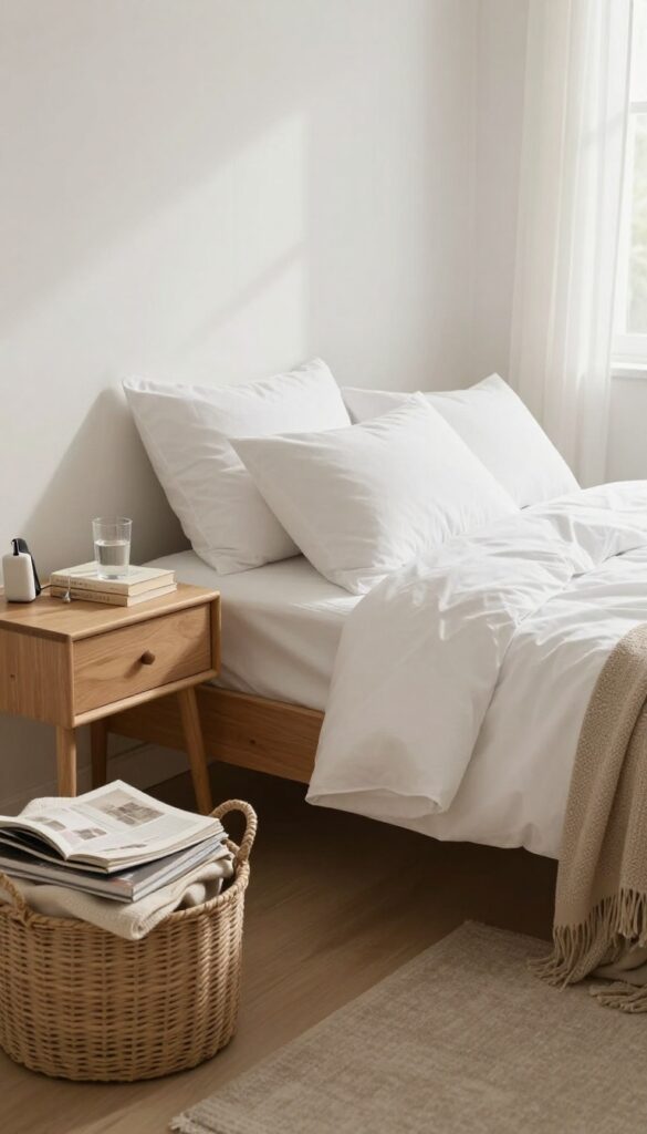 A tidy bedroom at night with a neatly made bed, organized nightstand, and a basket of blankets, creating a calm and peaceful space.