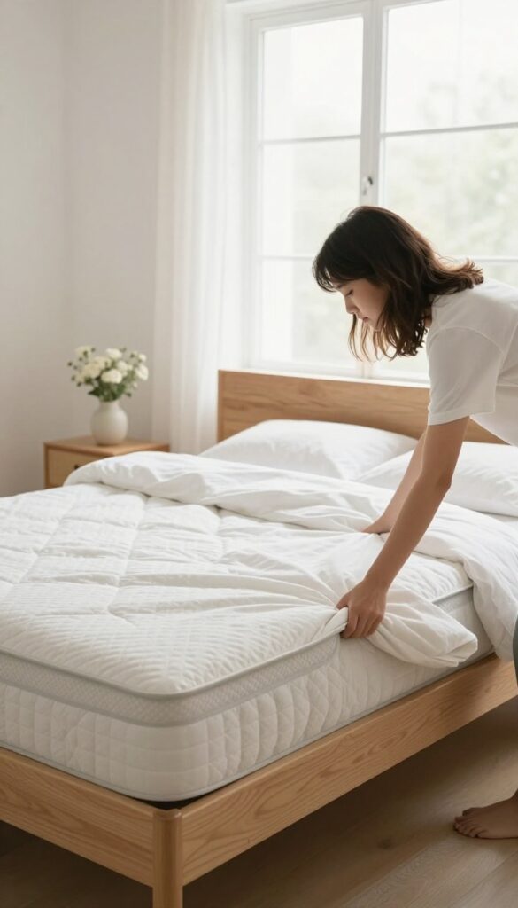 Person rotating a mattress in a bright, clean bedroom with natural light and fresh decor.