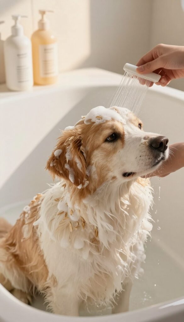 Dog being bathed with gentle dog shampoo and conditioner in a bright bathroom