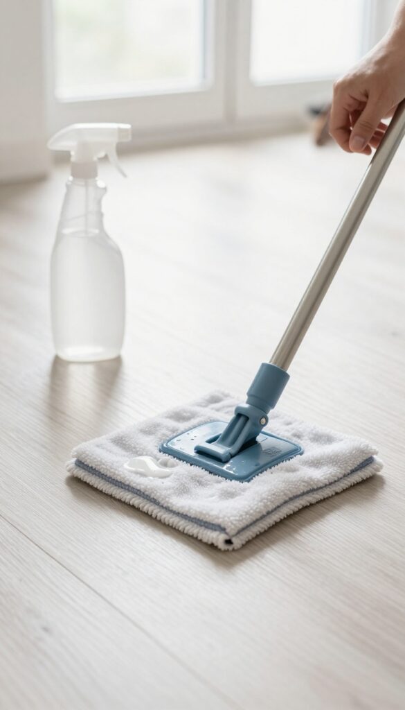Shiny laminate floor being mopped with a microfiber mop and spray bottle