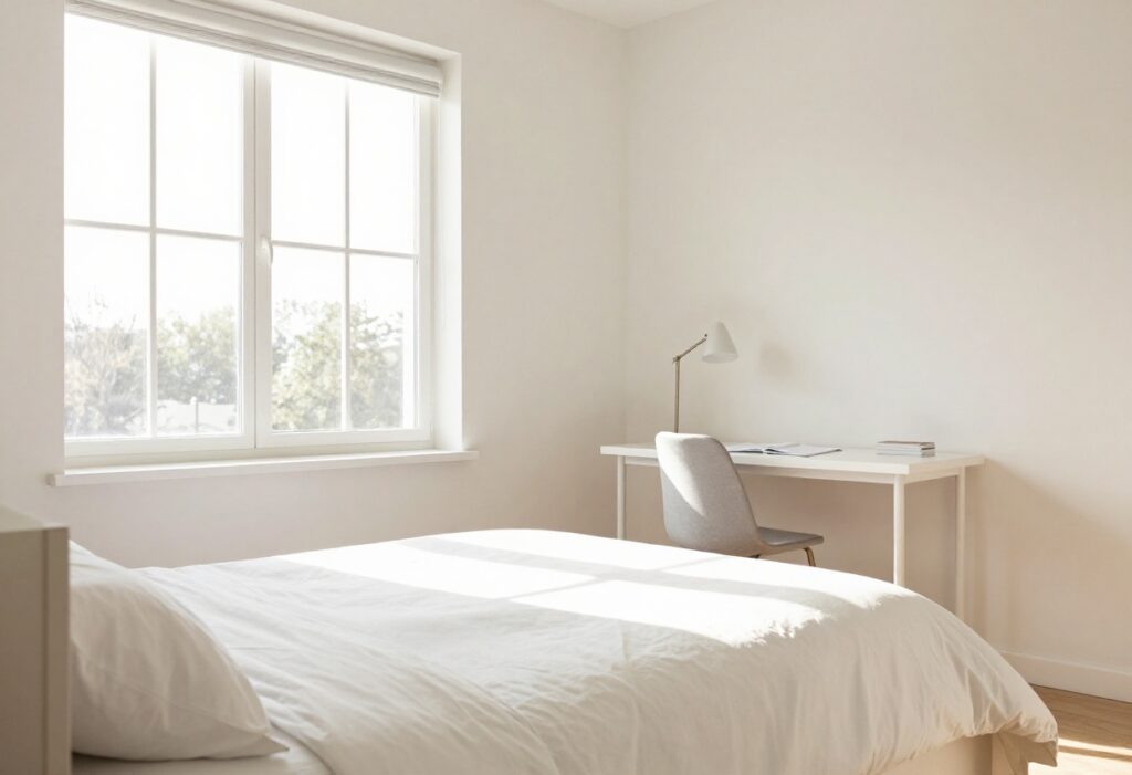 A clean and organized bedroom with sunlight, a made bed, and tidy desk.