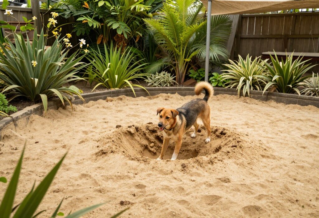 Dog playing in a backyard with a digging pit, shade sail, and pet-safe plants