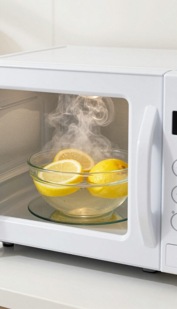 Microwave with steaming bowl of water and lemon slices