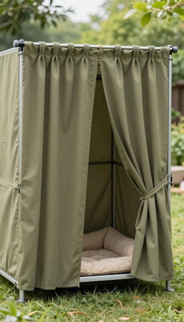 Chain link dog kennel with outdoor curtains in olive tone, tied back, with dog bed inside, set in a green backyard with soft natural light.