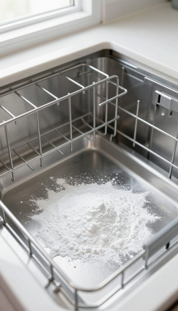 Open dishwasher with baking soda sprinkled on the bottom