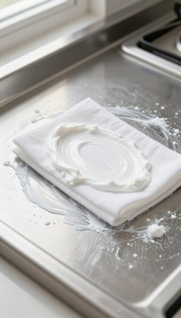 Applying baking soda paste to greasy kitchen wall marks