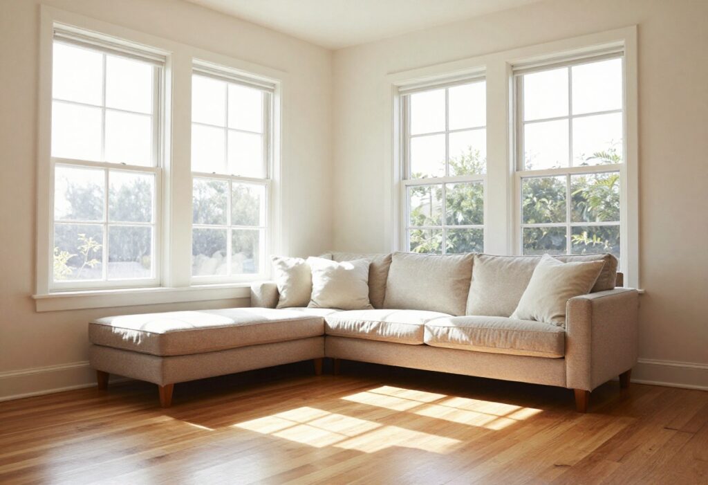 Clean living room with sunlight, organized sofa, and polished hardwood floor after deep cleaning.