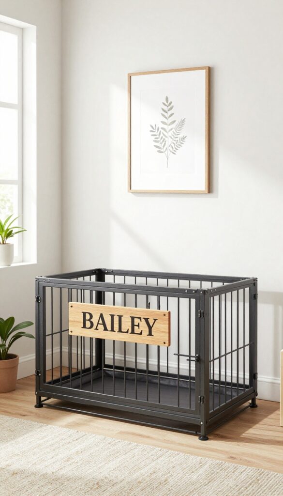 Dog crate with personalized nameplate and framed art above, blending into home decor