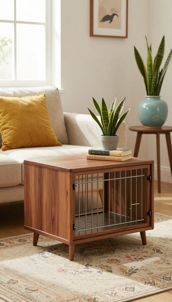 Mid-century modern dog crate styled as a side table with plant and books in a bright living room
