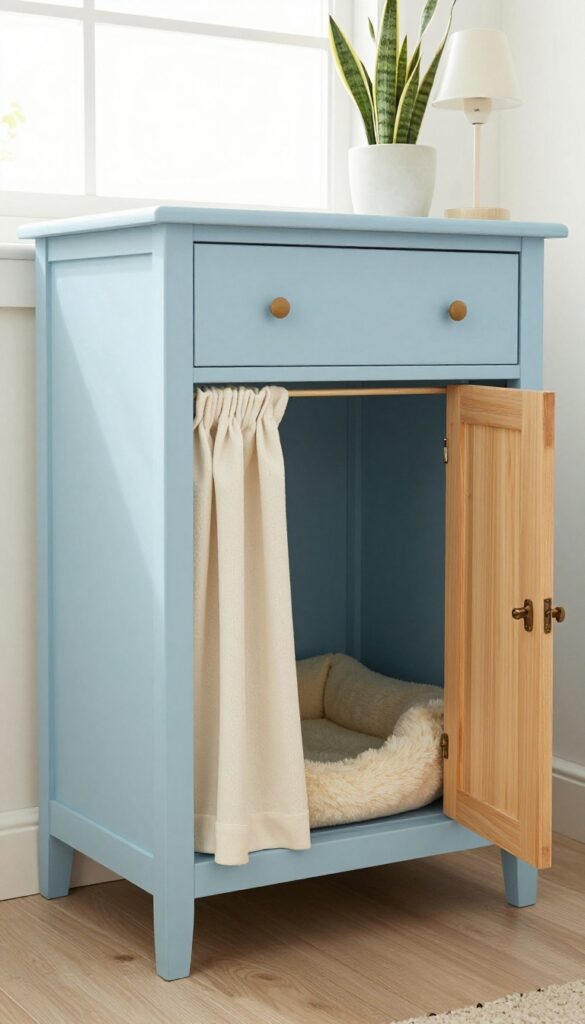 Repurposed dresser dog crate with soft blue paint, plush bed, and plant on top in bright natural light