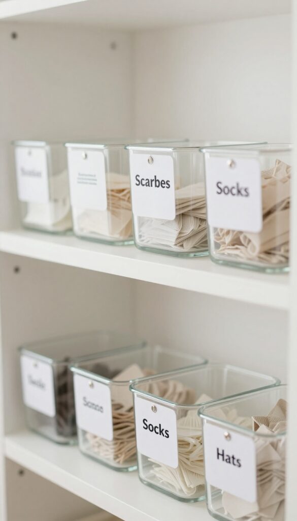 Neatly organized shelf with labeled bins for scarves, socks, and hats