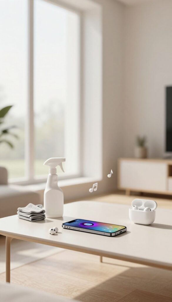 Smartphone with cleaning playlist on coffee table next to cleaning supplies in bright room