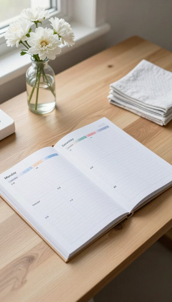 Weekly cleaning planner on a desk with zones and timer, bright natural light