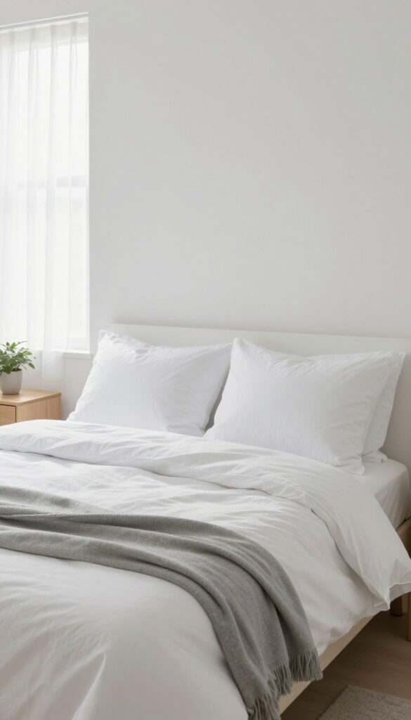 A neatly made bed in a bright, serene bedroom with natural light and minimal decor.