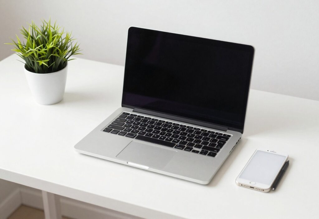 Clean and organized desk with laptop, plant, and accessories in a bright room