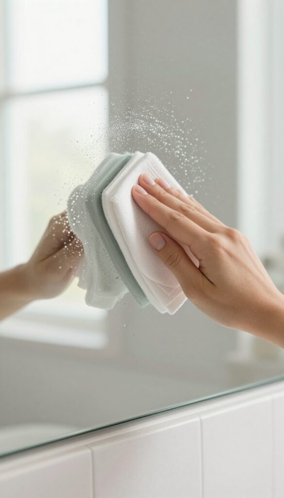 Hand wiping a mirror with a coffee filter in a bright bathroom