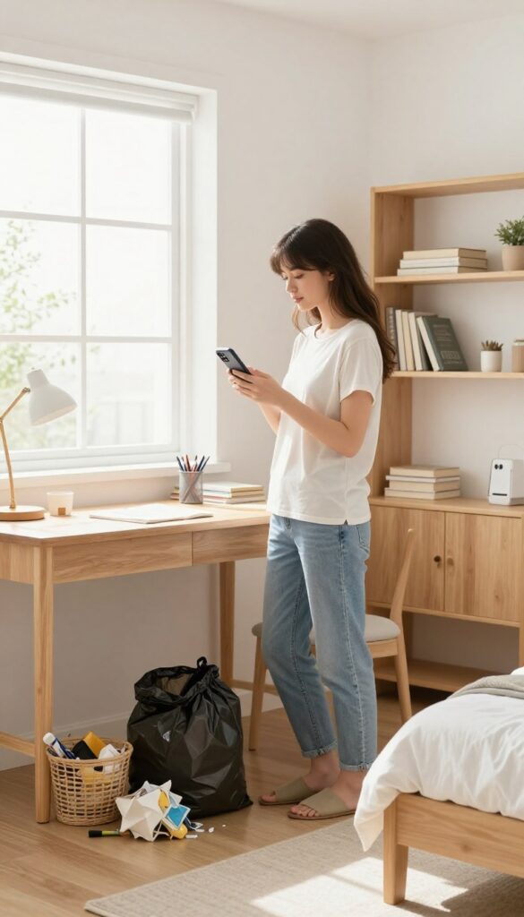 Woman speed cleaning her desk with a phone timer, bright natural light, organized bedroom background
