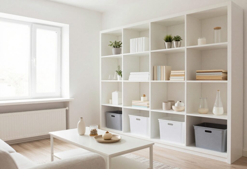 A clean and organized living room with shelves, bins, and a tidy coffee table