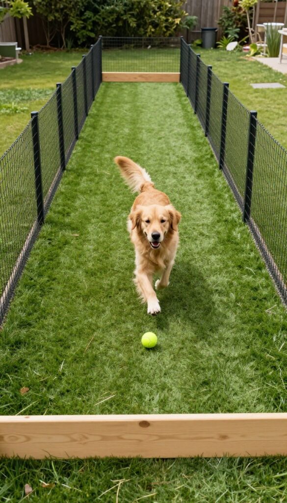 Dog running in a long narrow fenced fetch lane in a sunny backyard