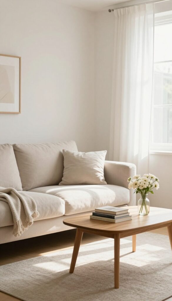 A cozy living room after a weekly reset session, with fluffed cushions, folded blankets, and tidy surfaces.