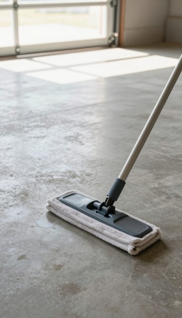 Dry mopping a clean concrete garage floor with a microfiber mop