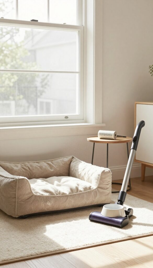 Pet area cleanup scene with dog bed, water bowl, and vacuum in sunlit room