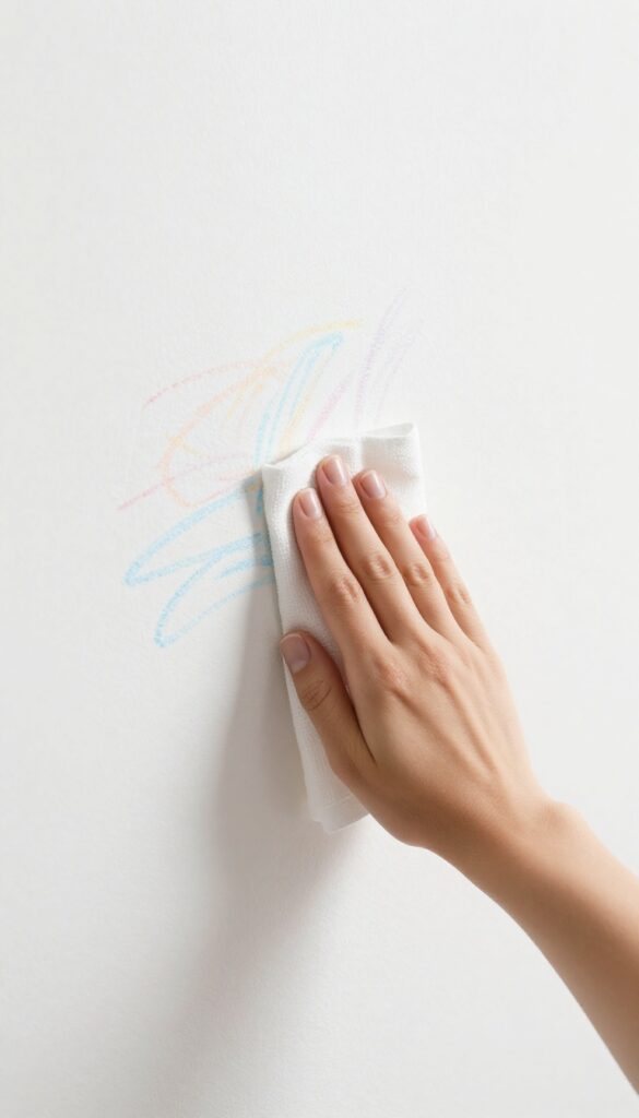 Hand cleaning crayon marks off a wall with toothpaste