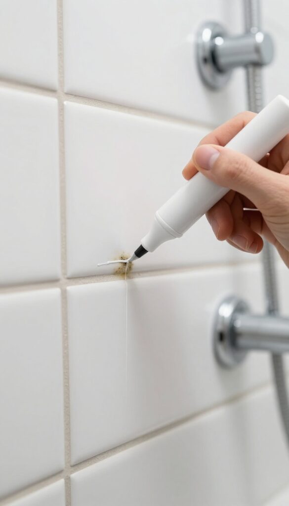 Hand using bleach pen to apply gel on stained grout in a bright bathroom