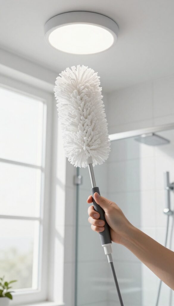 Person dusting a ceiling light fixture in a bright, clean bathroom with an extendable duster