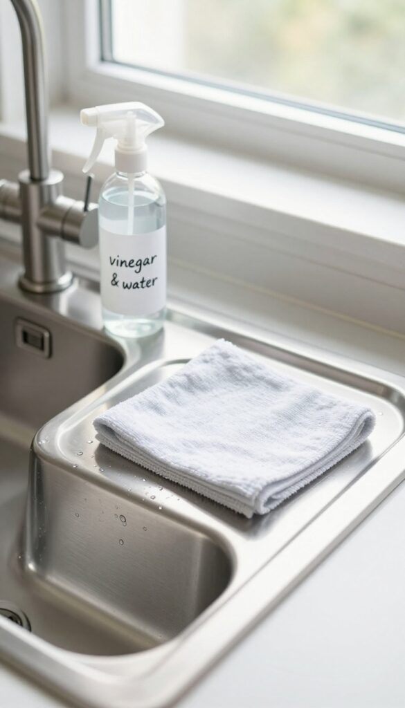 Clean stainless steel sink and countertop with a spray bottle and microfiber cloth, reflecting bright natural light.