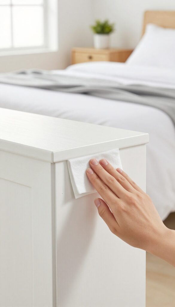 Hand rubbing a dryer sheet on a clean white baseboard in a bright bedroom with natural light and minimalist decor.