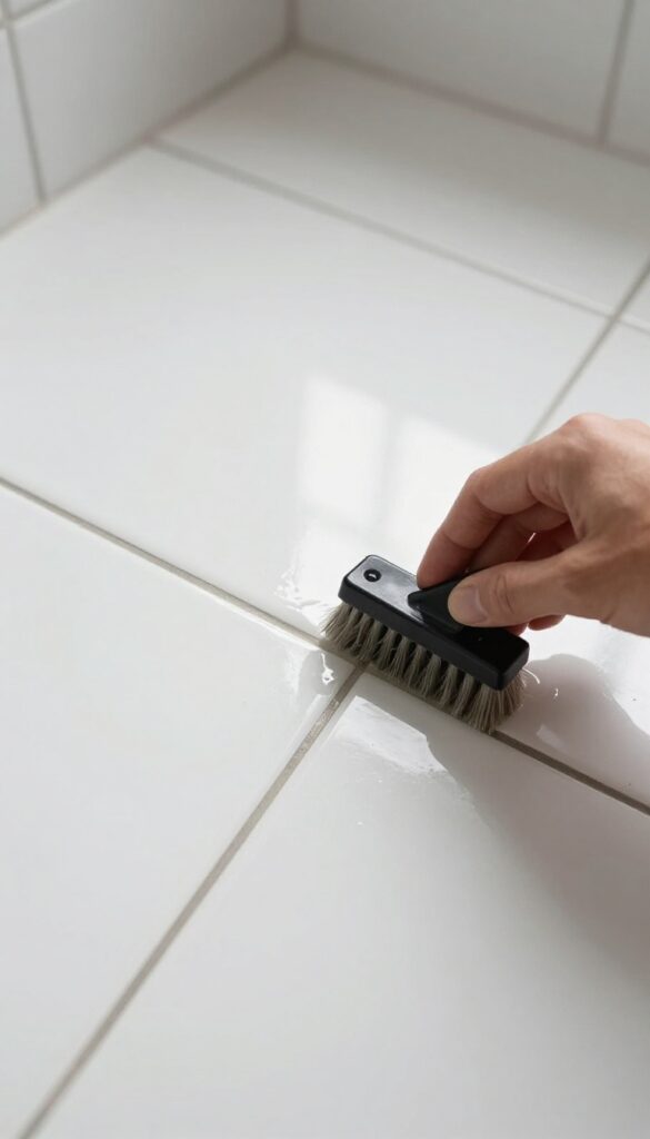 Applying grout sealer to clean grout lines with a small brush