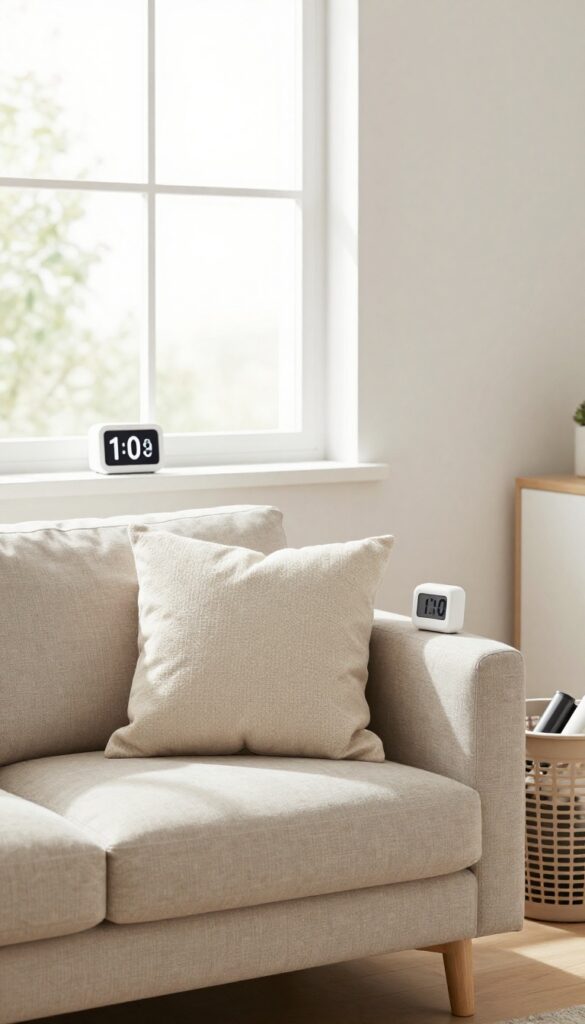 A person tidying a living room with a timer set for 10 minutes, natural light, clean composition.