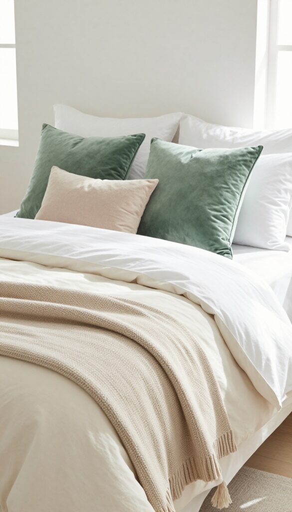 Layered neutral bedding on a bed with chunky knit throw and accent pillows in sage and blush, bright natural light, clean minimalist bedroom