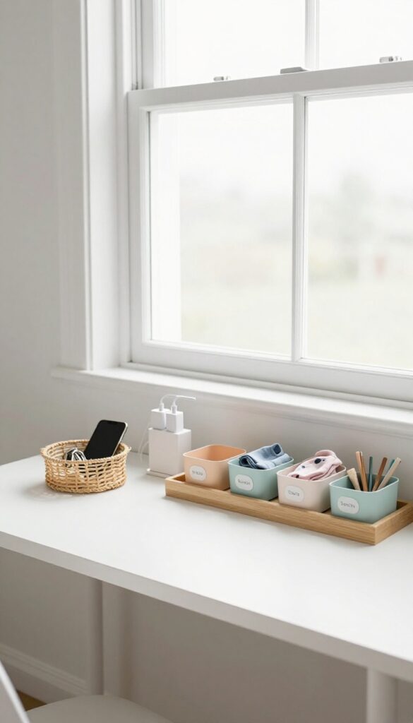 A tidy bedroom with organized items in designated homes, including a key basket, charger tray, and labeled bins on a shelf.