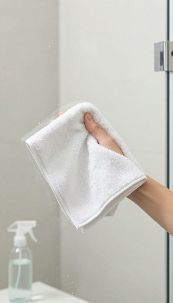 Cleaning shower glass with rubbing alcohol spray and microfiber cloth for streak-free shine