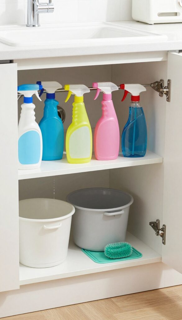 Under-sink cabinet with tension rod holding spray bottles by triggers, organized and drip-free.