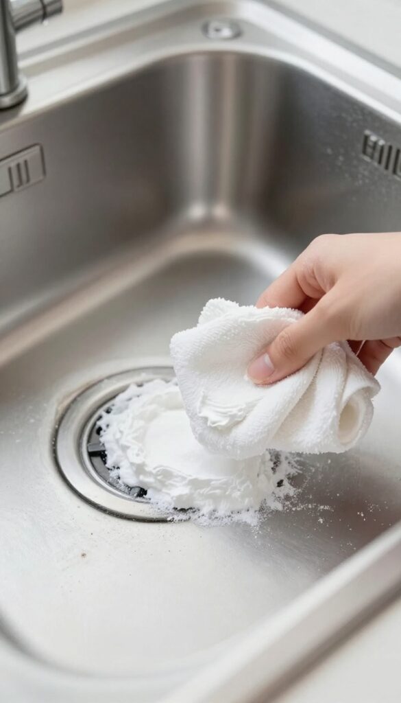 Applying baking soda paste to a stubborn stain on a stainless steel sink with a soft cloth