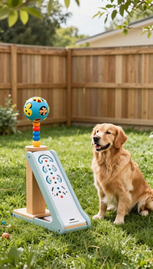 Dog playing with puzzle feeder mounted on a post in a sunny backyard