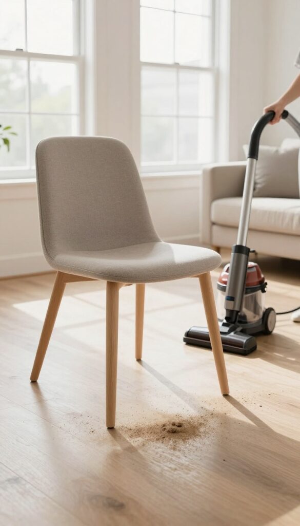 Cleaning under furniture in a bright living room, sliding a chair aside to reveal dust bunnies