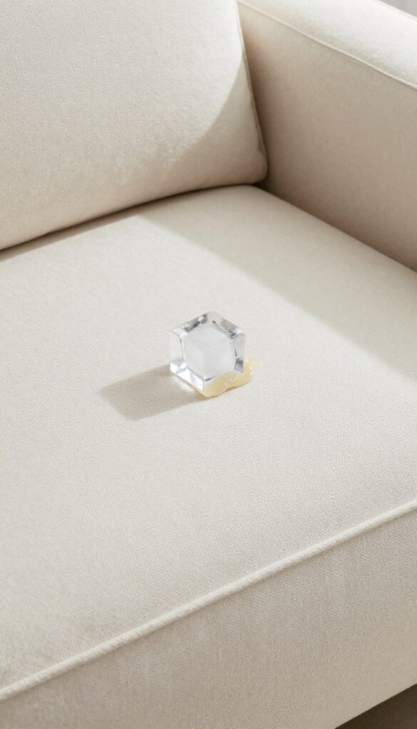 Ice cube on chewing gum stuck to microfiber couch