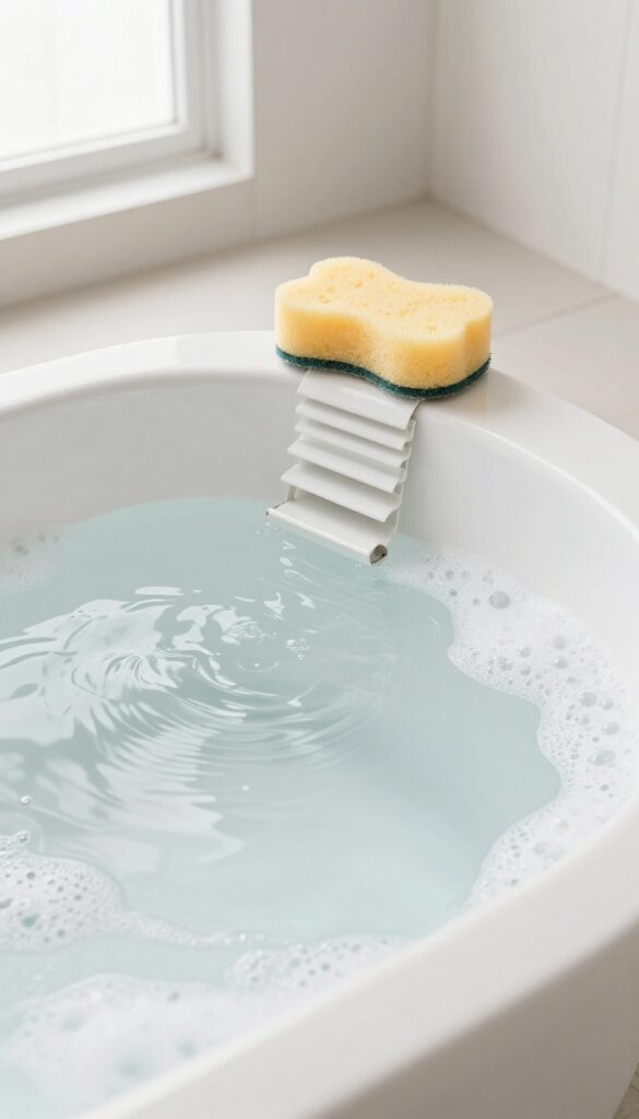 Mini blinds soaking in a bathtub with soapy water for a thorough clean
