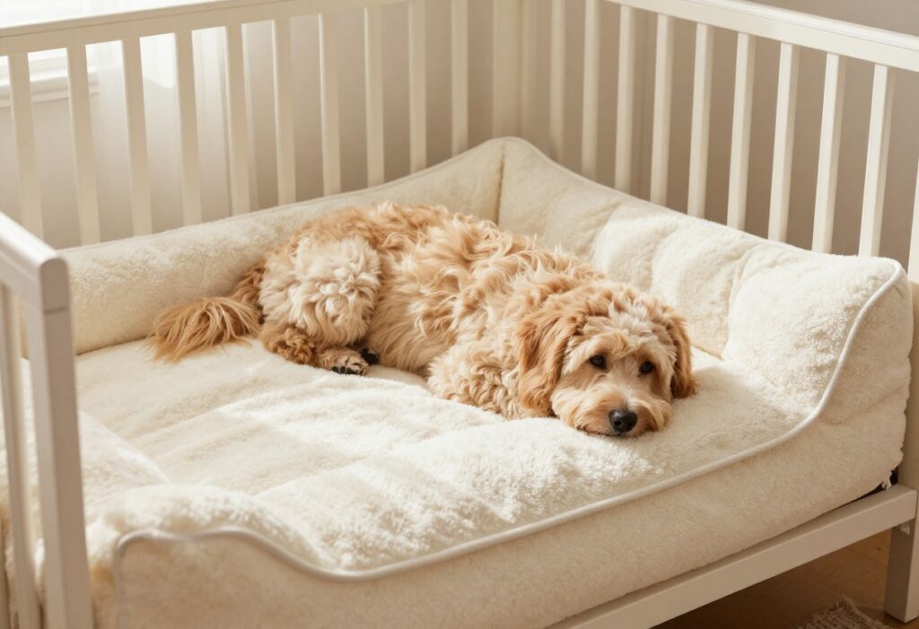 Dog resting on a plush crib mattress dog bed with fleece cover and bolster