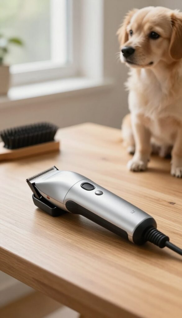 Brisk HS-300 cordless dog clipper on a table with a calm dog nearby in natural light