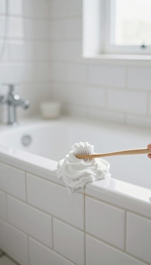Applying baking soda paste to shower grout with a toothbrush