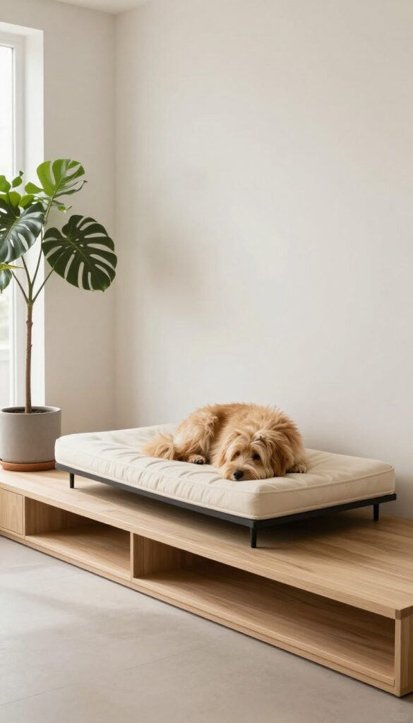 Minimalist wooden platform dog bed with built-in storage drawers in a bright, modern living room