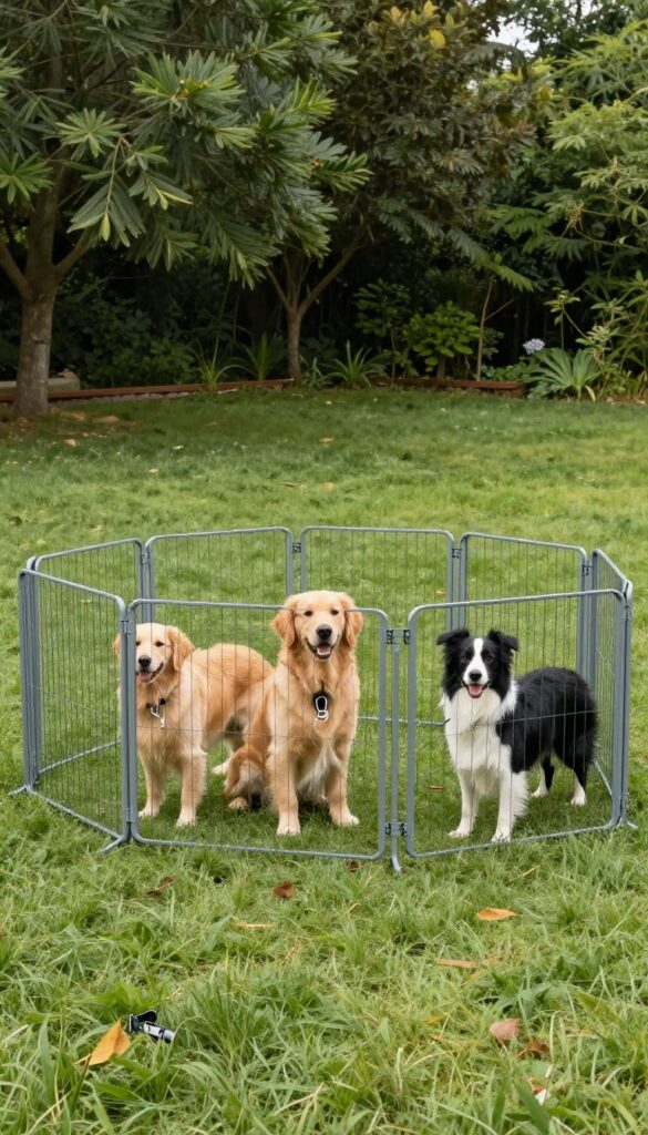 Portable exercise pen setup for multiple dogs in a grassy backyard with linked metal panels and two dogs inside.